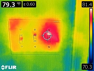 Home inspector discovers faulty light switch with thermal home inspection camera.
